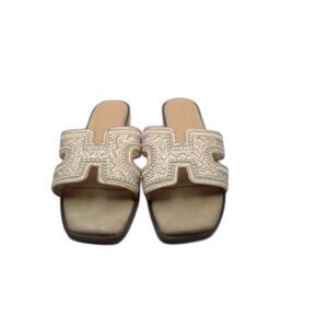 Madden Girl Women's Hally Tan Beaded Slide Sandals‎ Size 10 Slip On Flats